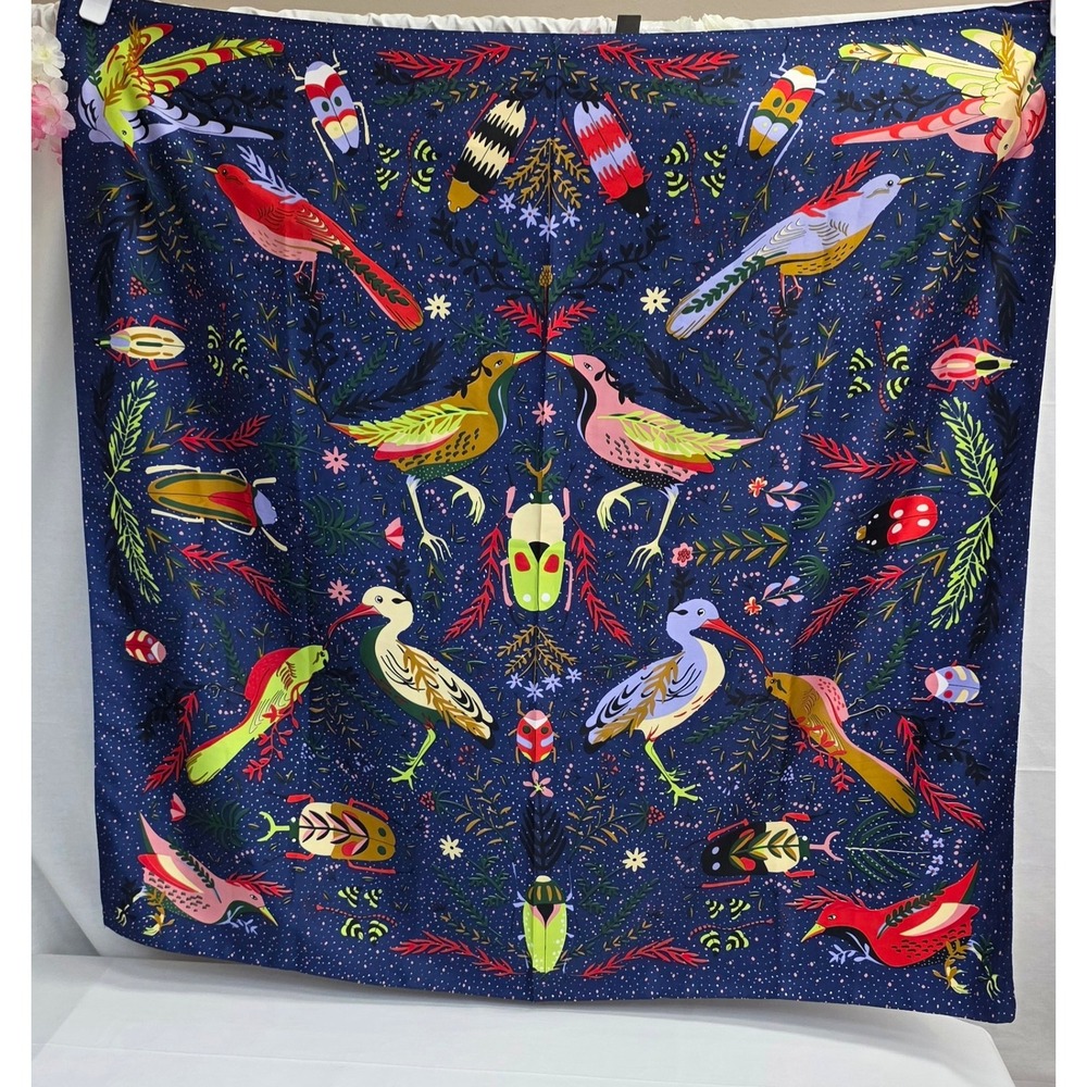 Navy Blue Nature Print Square Scarf Birds Beetles Silk Feel Folk Art Accessory